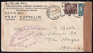 1928 (24 Oct) United States, Commercial International Graf Zeppelin Airmail Cover from Indianapolis (United States) via Friedrichshafen (Germany) to The Hague (Netherlands), franked with 5c, and 1d tied by Oval Numeral Cancellation, with Violet 'First Flight Air Mail via Graf Zeppelin, United States - Germany' Handstamp, Boxed 'C416' Handstamp on the Reverse