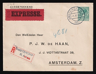 1930 (1 Nov) Netherlands, Registered Express Cover locally addressed in Amsterdam, with 'PH. 344' Postmark, franked with 50c