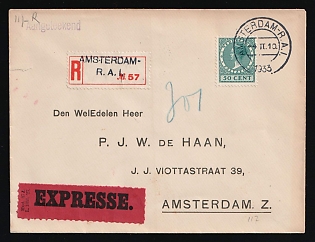 1933 (4 Feb) Netherlands, Registered Express Cover locally addressed in Amsterdam, with 'PH. 344' Postmark, franked with 50c