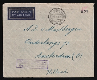 1952 (5 Feb) Netherlands, Pre-adhesive Stampless Airmail Cover from the Ship 'M.S. Willem Barentsz' in the Antarctic Ocean to Amsterdam (Netherlands), with Purple Rectangular Postmark 'Postage Free Delivery' Affixed by the Forwarding Office of Schiphol Airport (Amsterdam), franked with a Cash Postmark Imprint with a Face Value of 0.55
