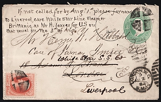 1882 3c United States, International Postal Stationery Watermarked Cover from United States to Liverpool (England) via London (England), additionally franked with 2c, with Fancy Cancellations