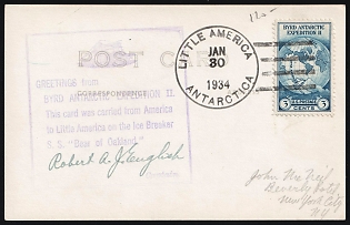 1934 (30 Jan) United States, Byrd Antarctic Expedition II, Commemorative Postcard from New York (United States) to Little America (Exploration Base in Antarctica), franked with 3c tied by Line Cancellation, Violet Cachet with Signature