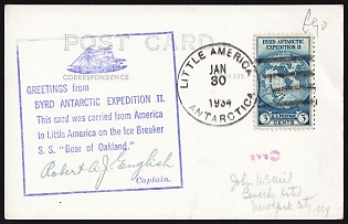 1934 (30 Jan) United States, Byrd Antarctic Expedition II, Commemorative Postcard from New York (United States) to Little America (Exploration Base in Antarctica), franked with 3c tied by Line Cancellation, Violet Cachet with Signature