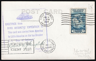 1934 (31 Jan) United States, Byrd Antarctic Expedition II, Commemorative Postcard from from New York (United States) via Little America (Exploration Base in Antarctica) to San Francisco (United States), franked with 3c tied by Line Cancellation, Violet Cachet with Signature