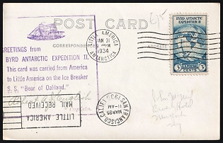 1934 (31 Jan) United States, Byrd Antarctic Expedition II, Commemorative Postcard from New York (United States) via Little America (Exploration Base in Antarctica) to San Francisco (United States), franked with 3c tied by Line Cancellation, Violet Cachet with Signature