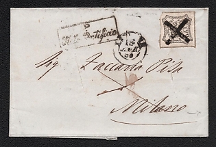 1855 13 (Apr) Italy, Disinfected cover from Ferrara to Milan, franked with 8b and tied by cross cancellation, with disinfection cuts and handstamp 'Ferrara clean outside and inside'