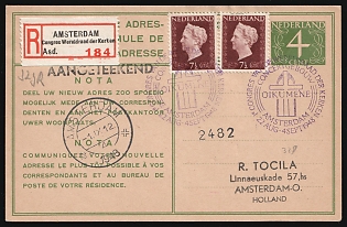 1948 (1 Sep) Netherlands, 'First Congress of the World Council of Churches', 'Notice of Change of Address', 4c Registered Postal Stationery Postcard locally addressed in Amsterdam franked with 2 x 7.5c, Commemorative Postmarks