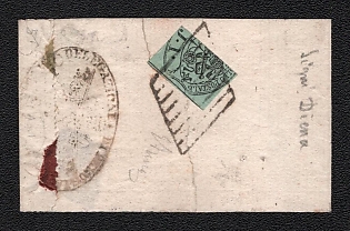 1867 Italy, fragment of cover, franked with bisect 2b tied with black diamond-shaped cancellation, with black oval handstamp alongside