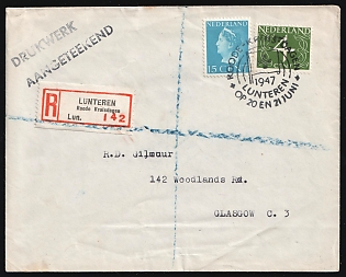 1947 (Jun) Netherlands, 'Red Cross Days', Registered Cover from Lunteren to Glasgow (Scotland) franked with 4c and 15c, Commemorative Postmark