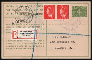 1948 (13 Aug) Netherlands, 'International Congress of Philosophy', 'Notice of Change of Address', 4c Registered Postal Stationery Postcard from Amsterdam to Glasgow (Scotland) franked with pair of 7.5c, Commemorative Postmarks