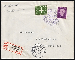 1948 (22 Apr) Netherlands, 'School City Exhibition', Registered Cover from Hague to Glasgow (Scotland) franked with 4c and 15c, Commemorative Postmark