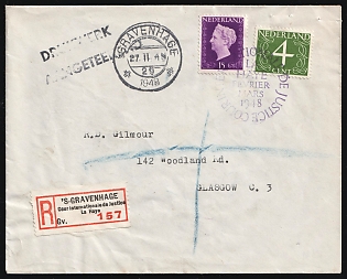 1948 (27 Feb) Netherlands, 'International Court of Justice', Registered Cover from Hague to Glasgow (Scotland) franked with 4c and 15c, Commemorative Postmark