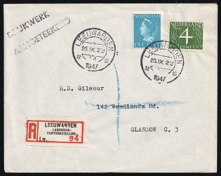 1947 (25 Sep) Netherlands, 'Agricultural Exhibition', Registered Cover from Leeuwarden to Glasgow (Scotland) franked with 4c and 15c