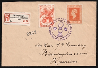 1946 (17 Aug) Netherlands, 'World Chess Tournament', Registered Cover from Groningen to Haarlem franked with 7.5c and 10c , Commemorative Postmark
