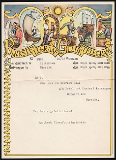 1936 (25 Jun) Netherlands, Congratulatory Telegram from Pharmacy Bloemfonteinstraat in Rotterdam to Utrecht