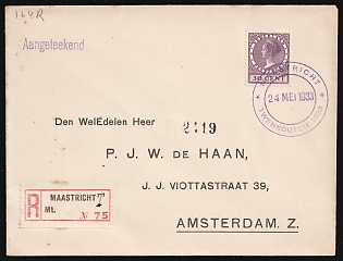 1933 (24 May) Netherlands, Express Registered Cover from Maastricht to Amsterdam franked with 30c