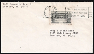 1983 (25 Aug) United States, Cover used in Seattle (United States), franked with American Architecture Series Issue Stamp with MISSING Red, with Black Commemorative '75th Anniversary U. S. Army Reserve, 1908 - 1983' Handstamp