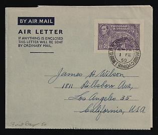 1950 (1 Feb) Trinidad and Tobago, British Commonwealth, First Day Postal Stationery Airmail Cover, Air Letter, Aerogramme from General Post Office in Port of Spain (Trinidad and Tobago) to Los Angeles (California, United States), with black Postmark 'Accounts Branch / G.P.O. Trinidad', additionally franked with 12c