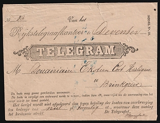 Netherlands, Official Postal Envelope for delivering Telegram from State Telegraph Office locally addressed in Deventer