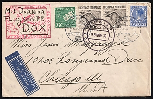 1930 (6 Nov) Netherlands, 'First Transatlantic Flight on Dornier Do X Aircraft' Airmail Cover from Rotterdam via Rio de Janeiro to Chicago franked with 12.5c, 75c and with pair of 1.5g, Commemorative Postmaks