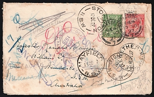 1927 (7 Nov) Great Britain, Unclaimed Cover from Middlesbrough (England) to Mayfield (Australia), franked with 1/2d and 1d, with multiple Transit Postmarks and 'Dead Letter Office, Sydney, N. S. W.' Postmark