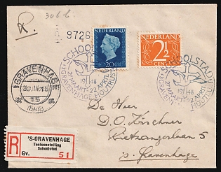 1948 (30 Mar) Netherlands, 'School City Exhibition', Registered Cover locally addressed in Hague franked with 2.5c and 20c, Commemorative Postmarks