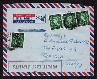 1954 17 (Jan) Kuwait, British Protectorate, Airmail Cover from Kuwait to Genoa (Italy), with handstamp 'Middle East Airlines', franked with four 1 1/2a on 1 1/2p