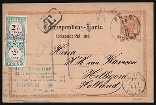 1891 (15 Apr) Austria-Hungary, 2kr Commercial Postal Stationery Postcard from Prague to Hillegom (Netherlands) franked with 2.5c and 5c Official Stamps