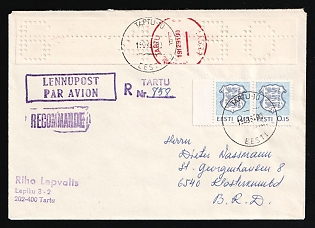 1992 (19 Dec) Estonia, Registered Airmail Cover from Tartu to Germany with white punched tape for 4.80r and additional franking of 0,15k of pair new final 'Wappen' series