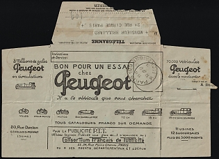 1925 'Peugeot', Advertising Telegram, Paris, France