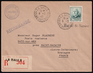 1945 (6 Mar) St. Nazaire, German Occupation of France, The Philatelic Department of the Company 'LA CENTRALISATION DU LIVRE', Commercial Recommended Registered Cover from La-Baule (La Baule-Escoublac) to Batz-sur-Mer, franked with 5fr