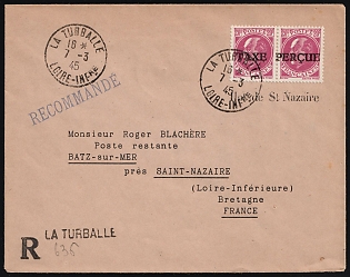 1945 (7 Mar) St. Nazaire, German Occupation of France, The Philatelic Department of the Company 'LA CENTRALISATION DU LIVRE', Recommended Registered Cover from La Turballe to Batz-sur-Mer, franked with Pair 20c