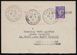 1945 (24 Mar) St. Nazaire, German Occupation of France, The Philatelic Department of the Company 'LA CENTRALISATION DU LIVRE', Cover from Guerande to La-Baule (La Baule-Escoublac), franked with 60c with machine franking