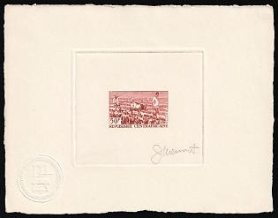 1965 50f, Central African Republic, Master Die Proof Sunken Sheetlet, Reddish brown, Imperforate, Signed by Artist