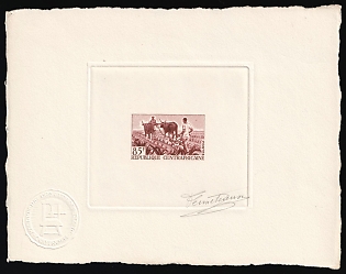 1965 85f, Central African Republic, Master Die Proof Sunken Sheetlet, Reddish brown, Imperforate, Signed by Artist