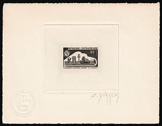 1965 85f, Central African Republic, Master Die Proof Sunken Sheetlet, Black, Imperforate, Signed by Artist