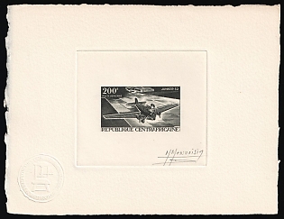 1967 200f, Central African Republic, Airmail, Master Die Proof Sunken Sheetlet, Black, Imperforate, Signed by Artist