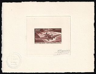 1967 200f, Central African Republic, Airmail, Master Die Proof Sunken Sheetlet, Brown, Imperforate, Signed by Artist