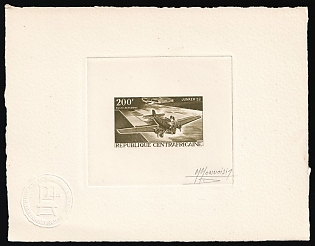 1967 200f, Central African Republic, Airmail, Master Die Proof Sunken Sheetlet, Olive-black, Imperforate, Signed by Artist