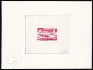 1967 1f, Central African Republic, Master Die Proof Sunken Sheetlet, Rose-red, Imperforate, Signed by Artist