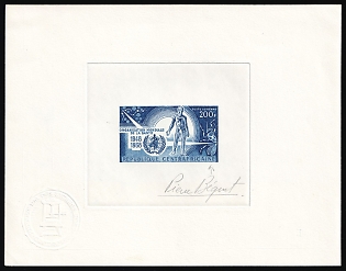 1968 200f, Central African Republic, Airmail, Master Die Proof Sunken Sheetlet, Dark blue, Imperforate, Signed by Artist