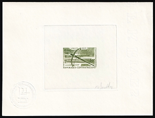 1968 30f, Central African Republic, Master Die Proof Sunken Sheetlet, Olive, Imperforate, Signed by Artist