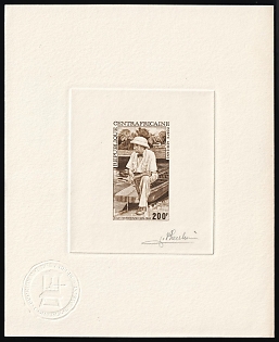 1975 200f, Central African Republic, Airmail, Master Die Proof Sunken Sheetlet, Brown, Imperforate, Signed by Artist
