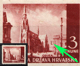 1942 3k Croatia, NDH, Print Error, Engraving Mark 'U'