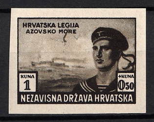 1943 1k+0.50k Croatian Legion, Croatia, NDH, Black Proof, Imperforate, Thin Paper