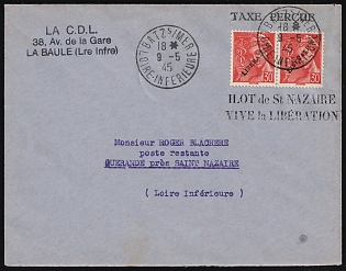 1945 (9 May) St. Nazaire, German Occupation of France, 'Long Live Liberation!', The Philatelic Department of the Company 'LA CENTRALISATION DU LIVRE', Cover from Batz-sur-Mer to Guerande, franked with Pair 30c with 'LIBERATION' Overprint