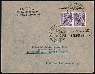 1945 (9 May) St. Nazaire, German Occupation of France, 'Long Live Liberation!', The Philatelic Department of the Company 'LA CENTRALISATION DU LIVRE', Cover from Batz-sur-Mer to Guerande, franked with Pair 40c with 'LIBERATION' Overprint