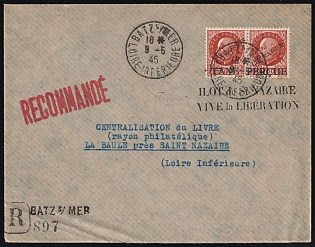 1945 (9 May) St. Nazaire, German Occupation of France, 'Long Live Liberation!', The Philatelic Department of the Company 'LA CENTRALISATION DU LIVRE', Commercial Recommended Registered Cover from Batz-sur-Mer to La Baule (La Baule-Escoublac), franked with Pair 1.50fr with 'LIBERATION' Overprint