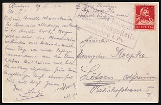 1916 (29 Jun) Switzerland, Censored Field Post Feldpost Postcard to Gizycko (Lotzen) (German Empire, now Poland), with 'Sapper Company' Handstamp