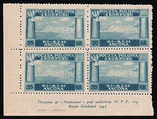 1945 55gr Barletta - Trani, Polish II Corps in Italy, Poland, DP Camp, Displaced Persons Camp, Block of Four, Corner Margins, Sheet Inscription